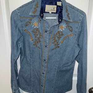 Roper Blue Denim Button Down Shirt with Gold Embroidery